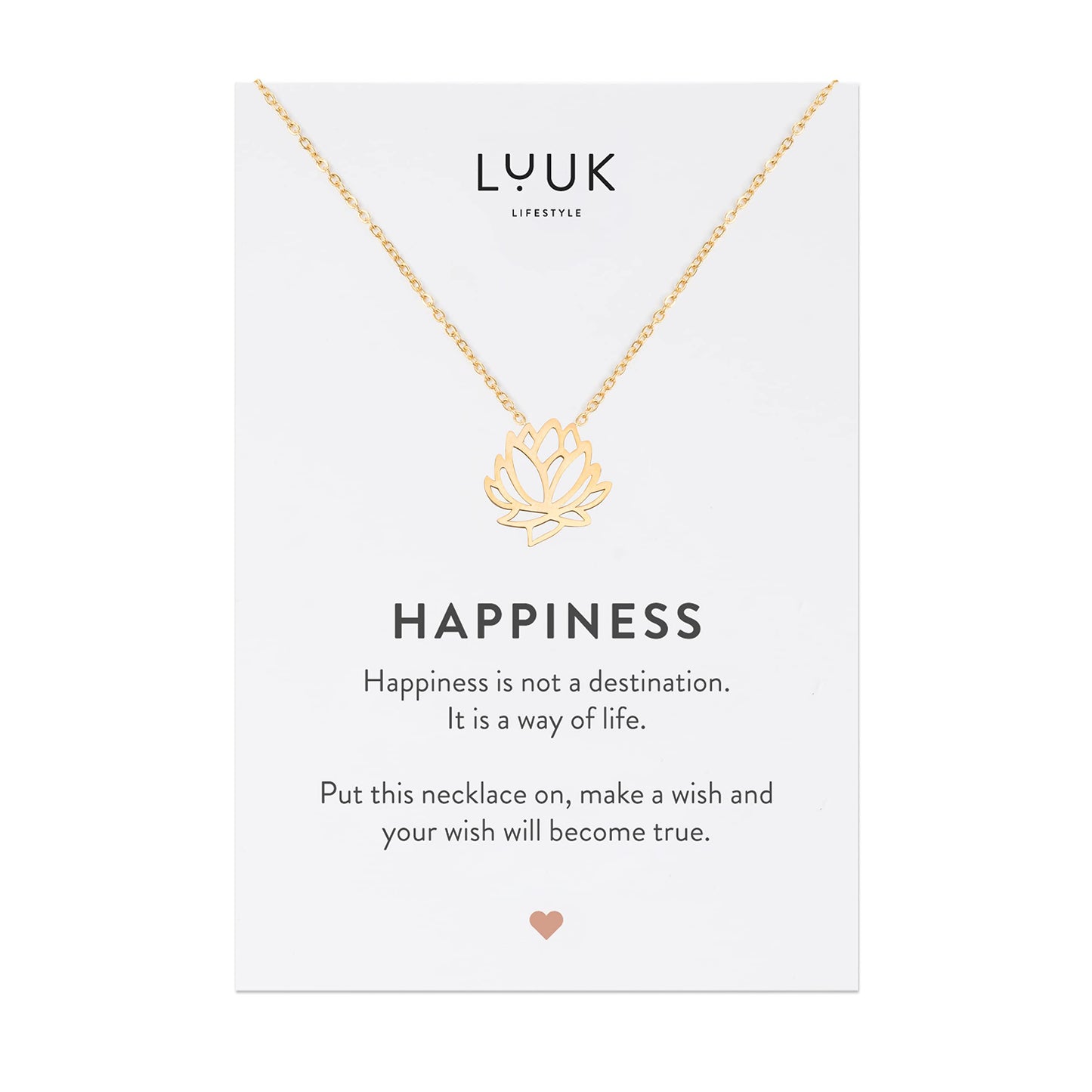 LUUK LIFESTYLE Stainless steel necklace for women with Lotus flower pendant and HAPPINESS gift card, chic and classy style, trendy layer look, Asian lucky charm, minimalist fashion accessory, gold