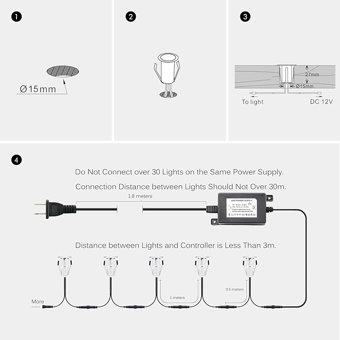 0.7" Tiny Recessed LED Deck Lighting Kits 12V Cool White Waterproof IP67,Led In Ground Lights for Steps,Stair,Patio,Floor,Pool Deck,Kitchen,Outdoor Low Voltage LED Landscape Lighting(20pcs)