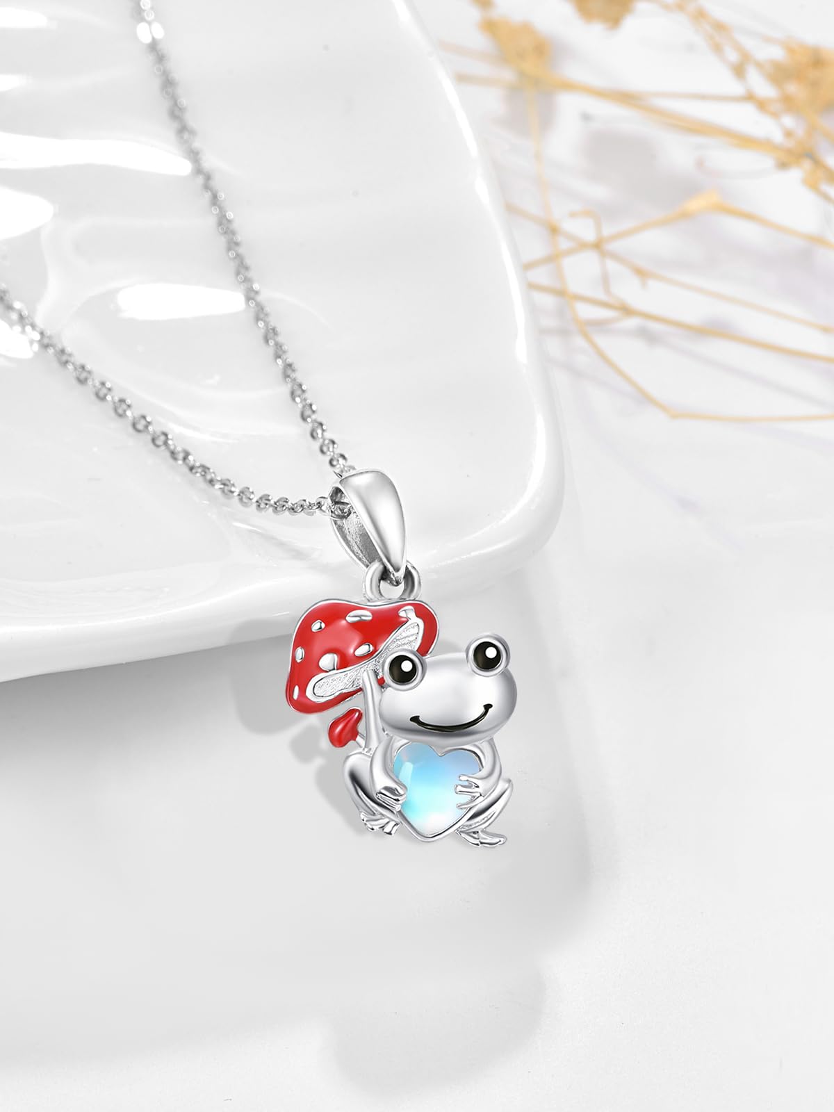 Dreamboat Frog Mushroom Pendant Necklace for Women 925 Sterling Silver Moonstone Animal Jewelry Gifts for Frogs Lovers