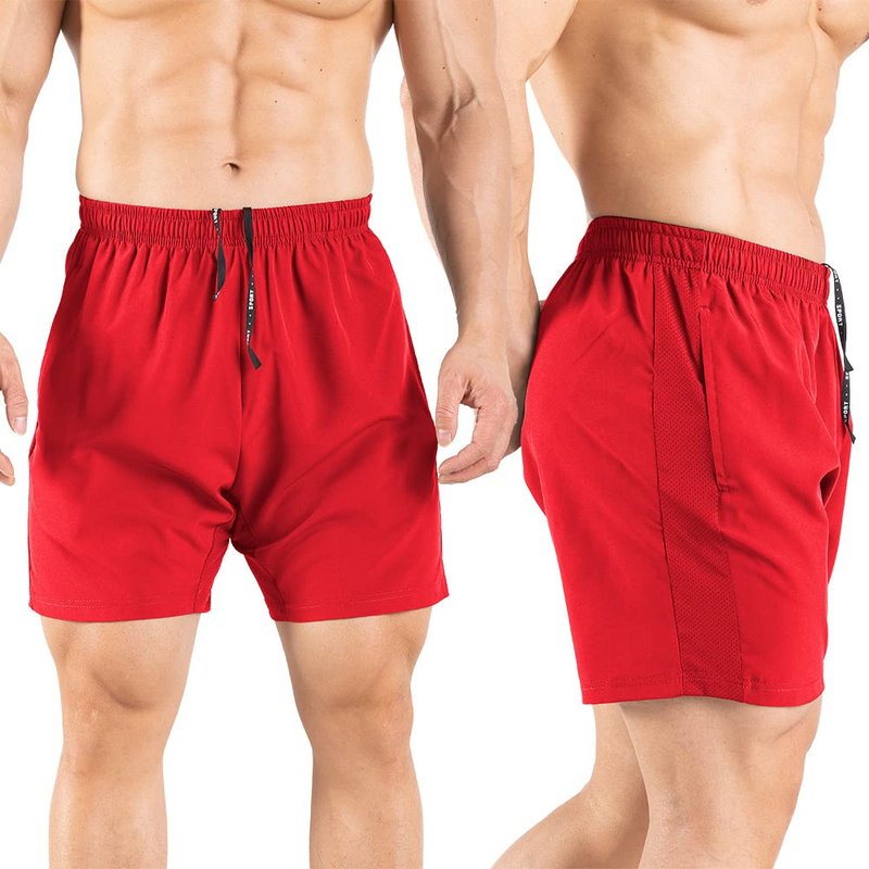 Gaglg Men's 5" Running Shorts 2 Pack Quick Dry Athletic Workout Gym Shorts with Zipper Pockets Black/Red,Medium