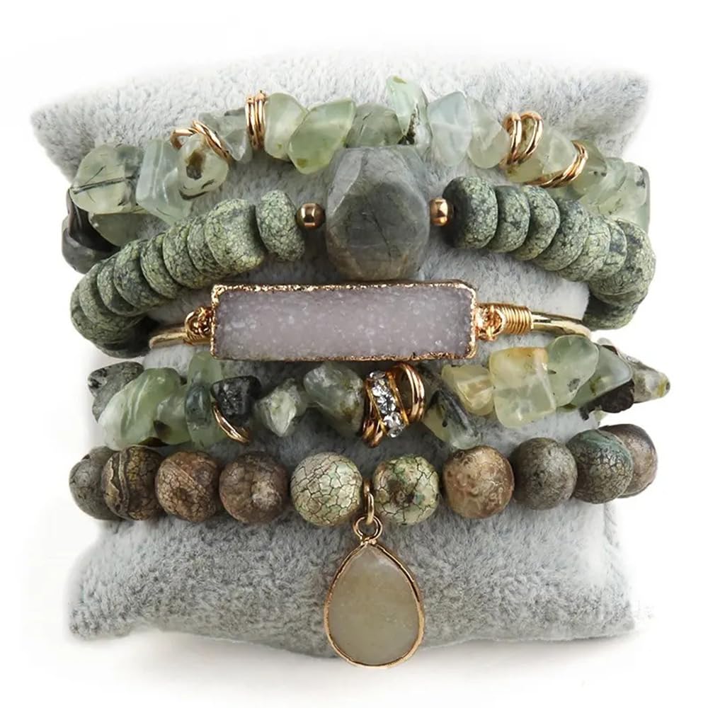 Yomisa Boho Beaded Bracelets for Women,5PCS Healing Natural Labradorite Jasper Stone Bead Bracelets Multilayer Wrap Stackable Friendship Stretch Beaded Bracelets Set Trendy Bohemian Jewelry Gift