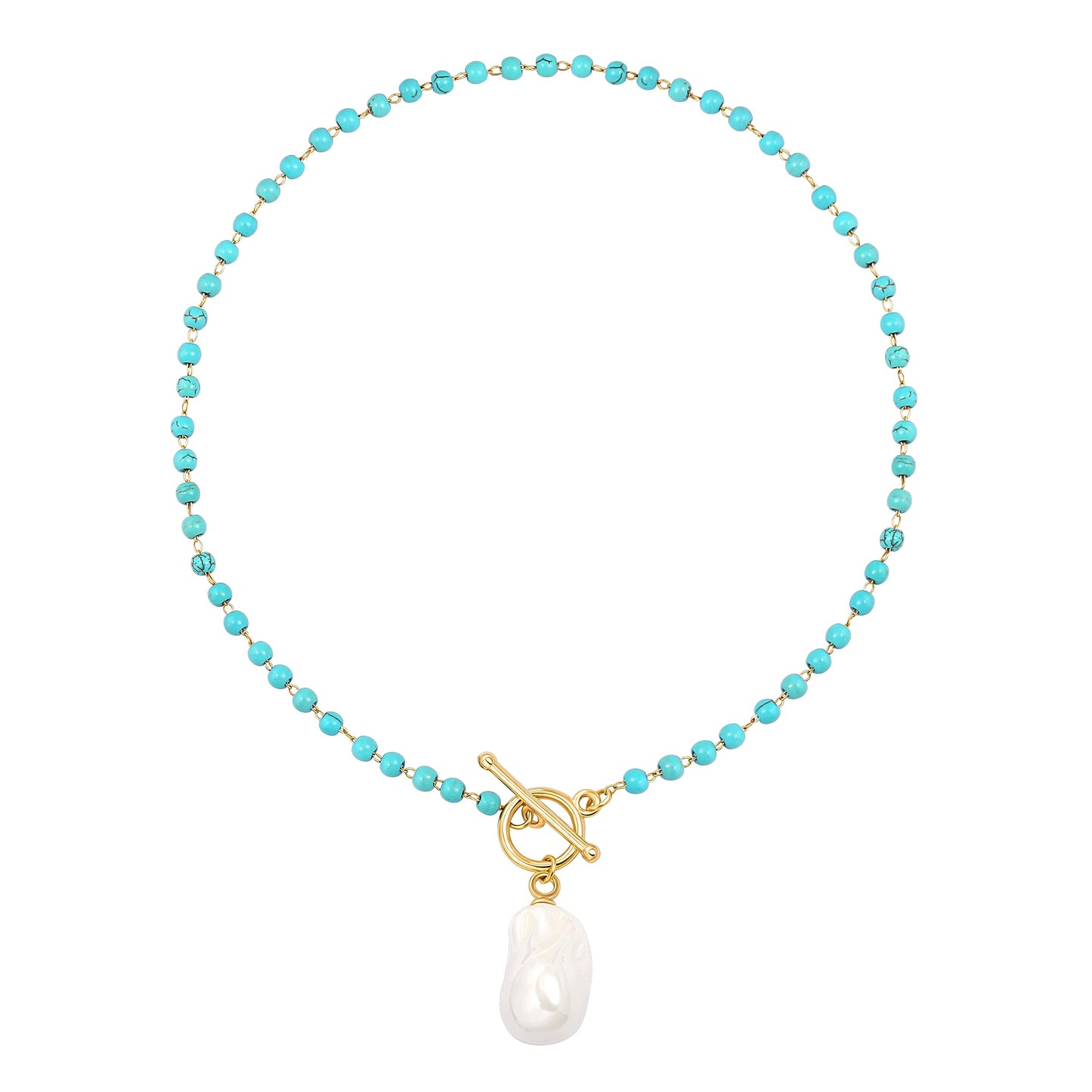 POTESSA Big Baroque Pearl Pendant Necklace Bohemian Turquoise Beaded 18K Gold Plated Toggle Clasp Necklace for Women Jewelry Gifts