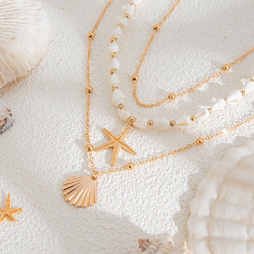 Gold Starfish Conch Oval Pearl SeaShell Necklace for Women Trendy, Statement Boho Shell Pearls Beaded Chain Necklaces Holiday Beach Party Jewelry (Gold-1)