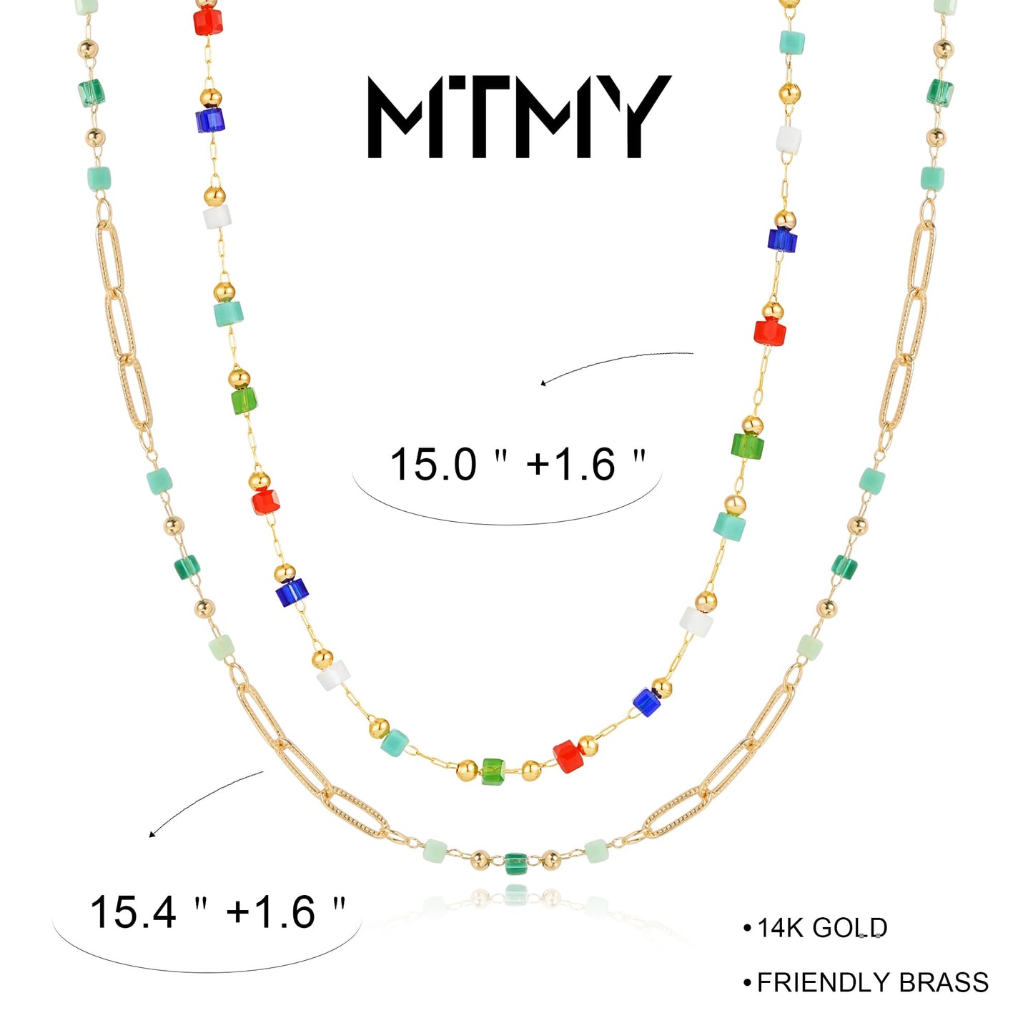MTMY Beaded Necklaces for Women 14K Gold Plated Dainty Colorful Green/Rose Beaded Pearl Choker Necklace Delicate Boho Jewelry Gift (Layer-mix color)