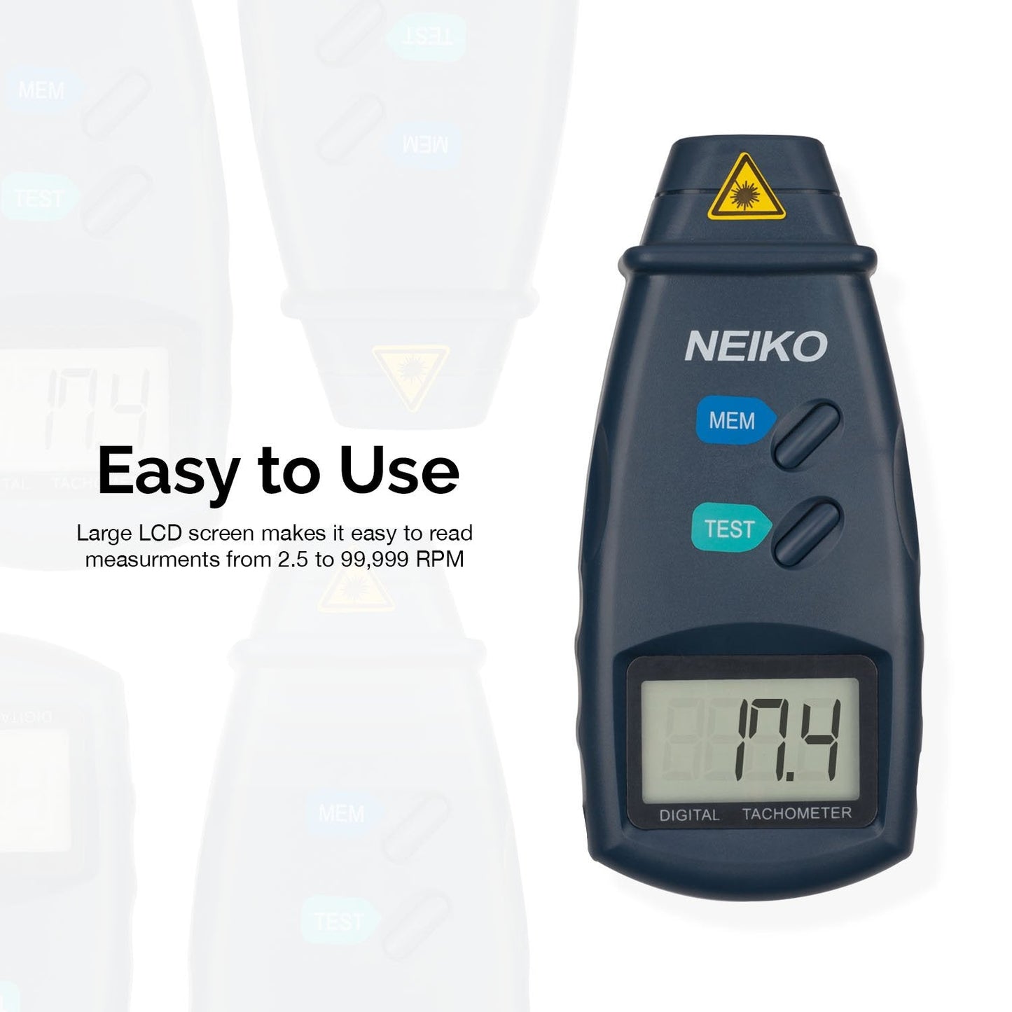 NEIKO 20713A Digital Tachometer, Noncontact Laser Photo Sensor with 2.5 to 99,999 RPM Accuracy, RPM Gauge Marker with Batteries Included