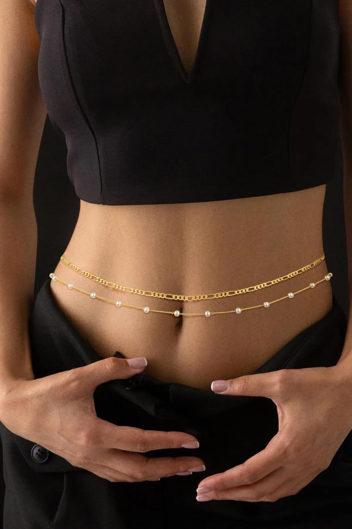 MFRYK 2PCS 14K Gold Plated Waist Chain Layered Pearl Figaro Belly Body Chain Boho Beach Waist Chains For Women Adjustable Waterproof Sexy Bikini Body Chain Jewelry For Women