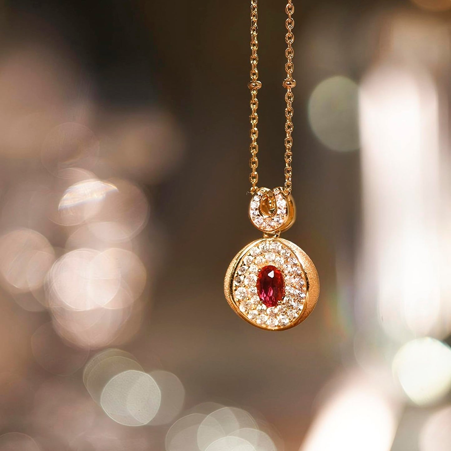 Tessalyn Ruby Necklaces for Women, 18K Gold Plated Round Faux Diamond Halo Pendant Necklace, Cubic Zirconia Halo Necklace