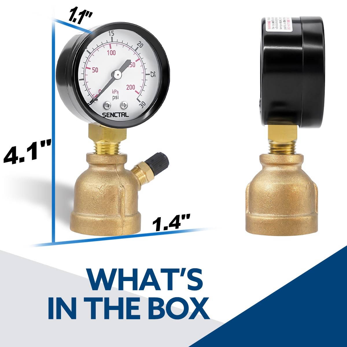 SENCTRL 0-30 Psi Gas Pressure Test Gauge, 2" Dial Size, 3/4" FNPT Connection, Brass Valve, Forged Brass Bell Shape Body Assembly