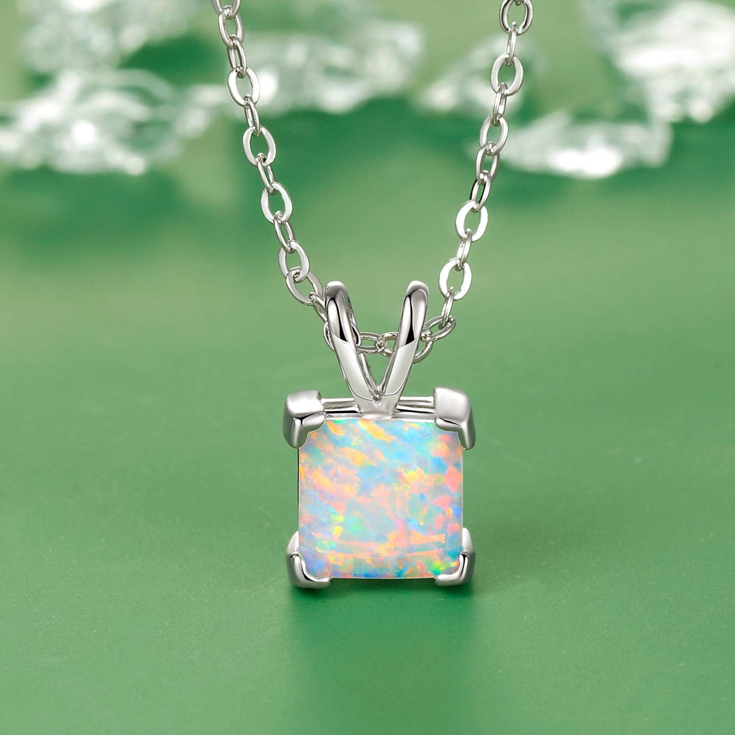 VOLUKA 18K White Gold Plated Pendant Necklace 8mm Princess Square White Fire Opal Necklace for Women