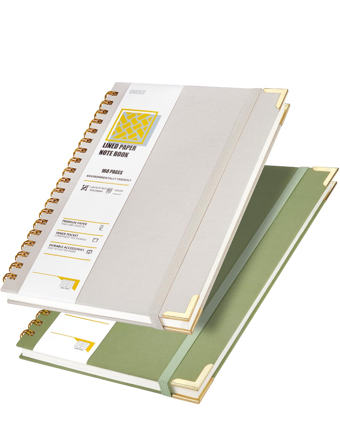 OWSC Lined Spiral Notebook with thick 110 GSM Papers, 320 Pages B5 Size College Ruled Notebook, Hardcover 7.1 x 10 Inches Journal for Women and Men, Notebooks for work, School (2 Pack B5 Grey Green)
