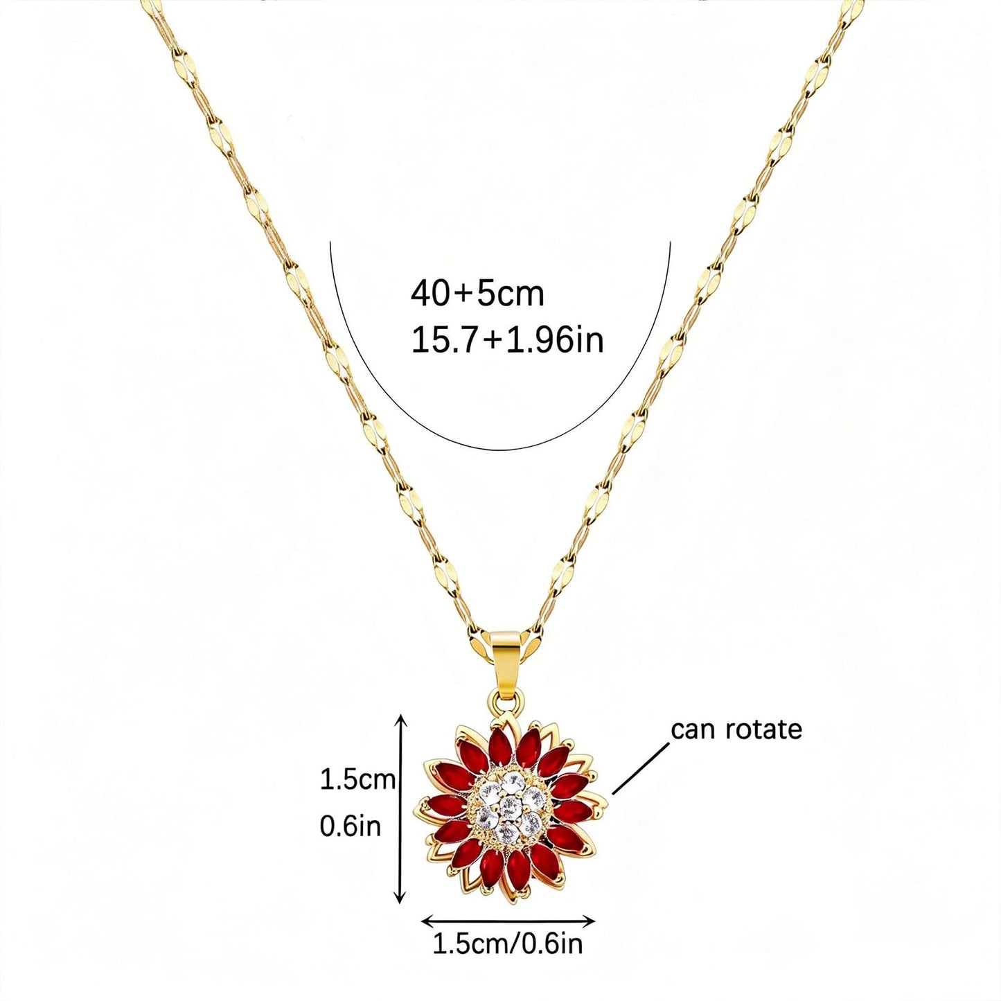 KONPJE Sunflower Fidget Necklace for Women Gold Moon Necklace Rotating Heart Necklaces Spinning Crystal Sunflower Anxiety Necklaces Crescent Moons Jewelry Accessories (Gold Red)