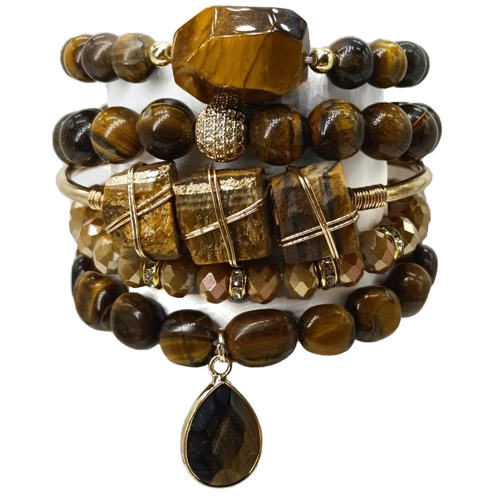 Yomisa Boho Beaded Bracelets/Bangle for Women,Multilayer Wrap 5PCS Healing Natural Tiger Eye Stone Bead Bracelets Handmade Stackable Friendship Stretch Beaded Bracelet Set Trendy Bohemian Jewelry Gift
