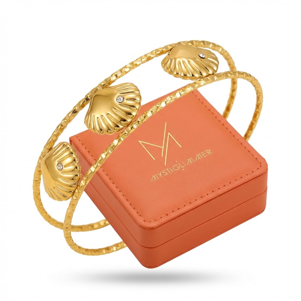 MystiGlimmer Starfish Open Cuff Bracelet for Women 18K Gold Plated Stainless Steel, Adjustable Ocean-Inspired Arm Cuff, Waterproof, Hypoallergenic Beach Jewelry Gift (3 Seashell)