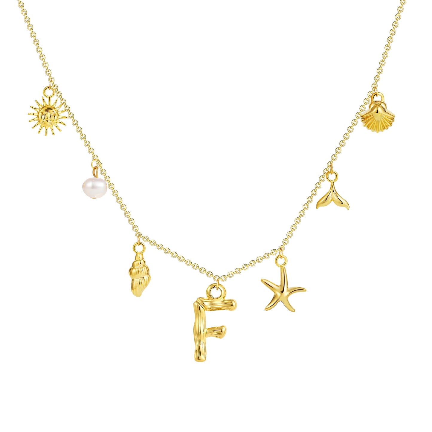SLOONG Initial Charm Necklace 14K Gold Plated Letter Neckalce Freshwater Pearl Necklace Choker Boho Summer Seashell Beach Starfish Surfer Jewelry Gifts for Women F