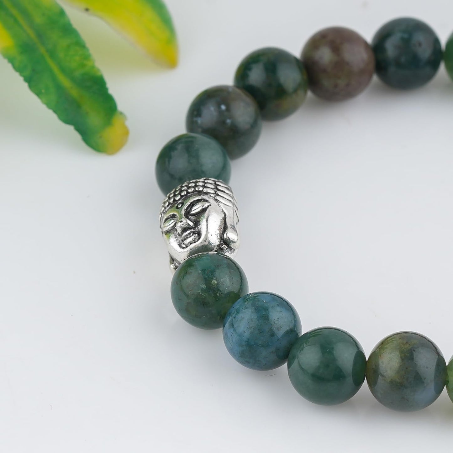 CRYSTALINES Buddha Charm Stretchable Braceclet, Natural Moss Agate Gemstone Beads, Plain Round Stones, Handmade Boho Strech Bracelet, Adjustable Spiritual Healing Crystal Unisex Jewelry Gift