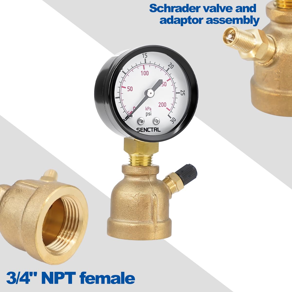 SENCTRL 0-30 Psi Gas Pressure Test Gauge, 2" Dial Size, 3/4" FNPT Connection, Brass Valve, Forged Brass Bell Shape Body Assembly
