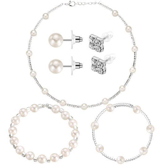 Glenmal Pearl Rhinestone Jewelry Set for Women Pearl Necklace Bracelet Earrings for Wedding Birthday Bridal Shower Tea Party(Cute Style)
