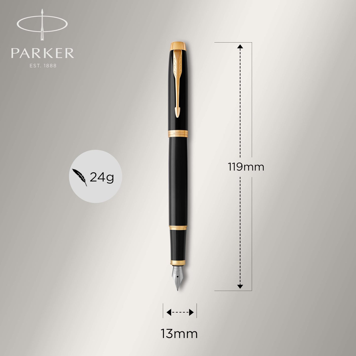 Parker IM Fountain Pen, Black Lacquer with Gold Trim, Fine Nib, Blue Ink Refill, Elegant Gift Box