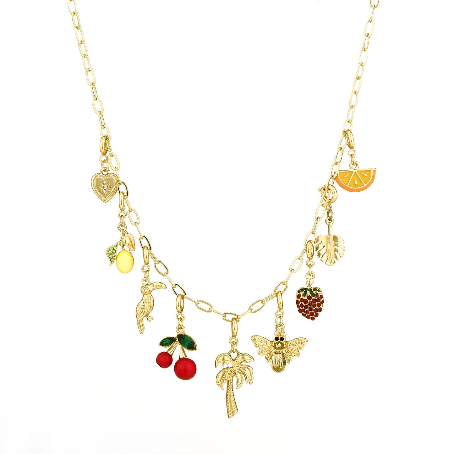 Rambling Rose 14K Gold Plated DIY Fruit Charm Necklace, Summer Tropical Fruit Cherry,Strawberry Crystal Statement Pendant Necklace For Women