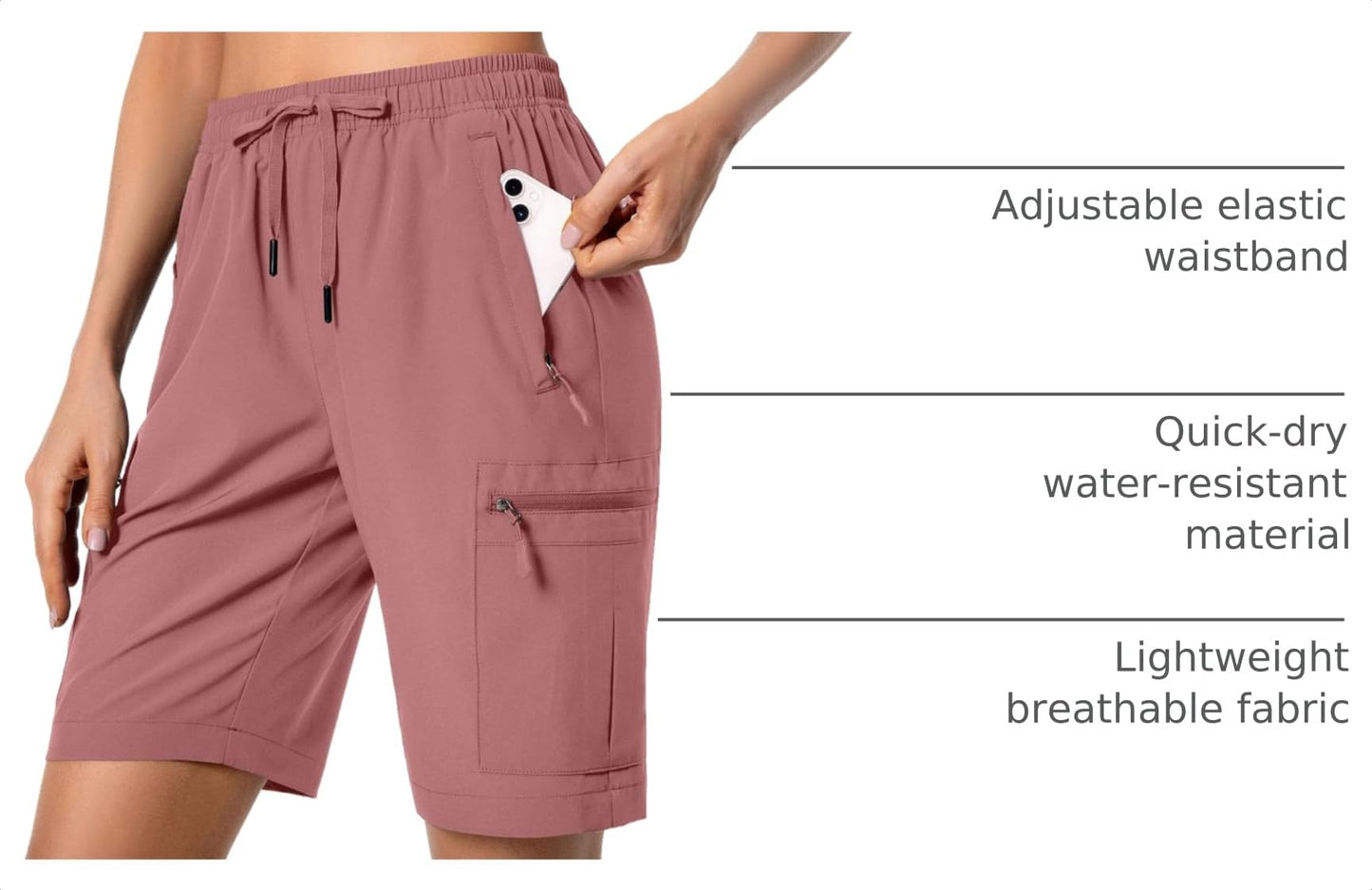 Hugut Women's Lightweight Hiking Cargo Shorts Quick Dry Athletic Shorts for Camping Travel Golf with Zipper Pockets Water Resistant Dusty Pink