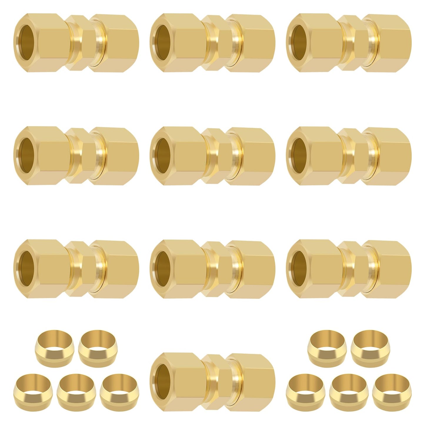 Taiidaues Brass Compression Tube Fitting, 10 PCS 3/8" OD Compression Union Connectors & 10 PCS Compression Sleeves Ferrules