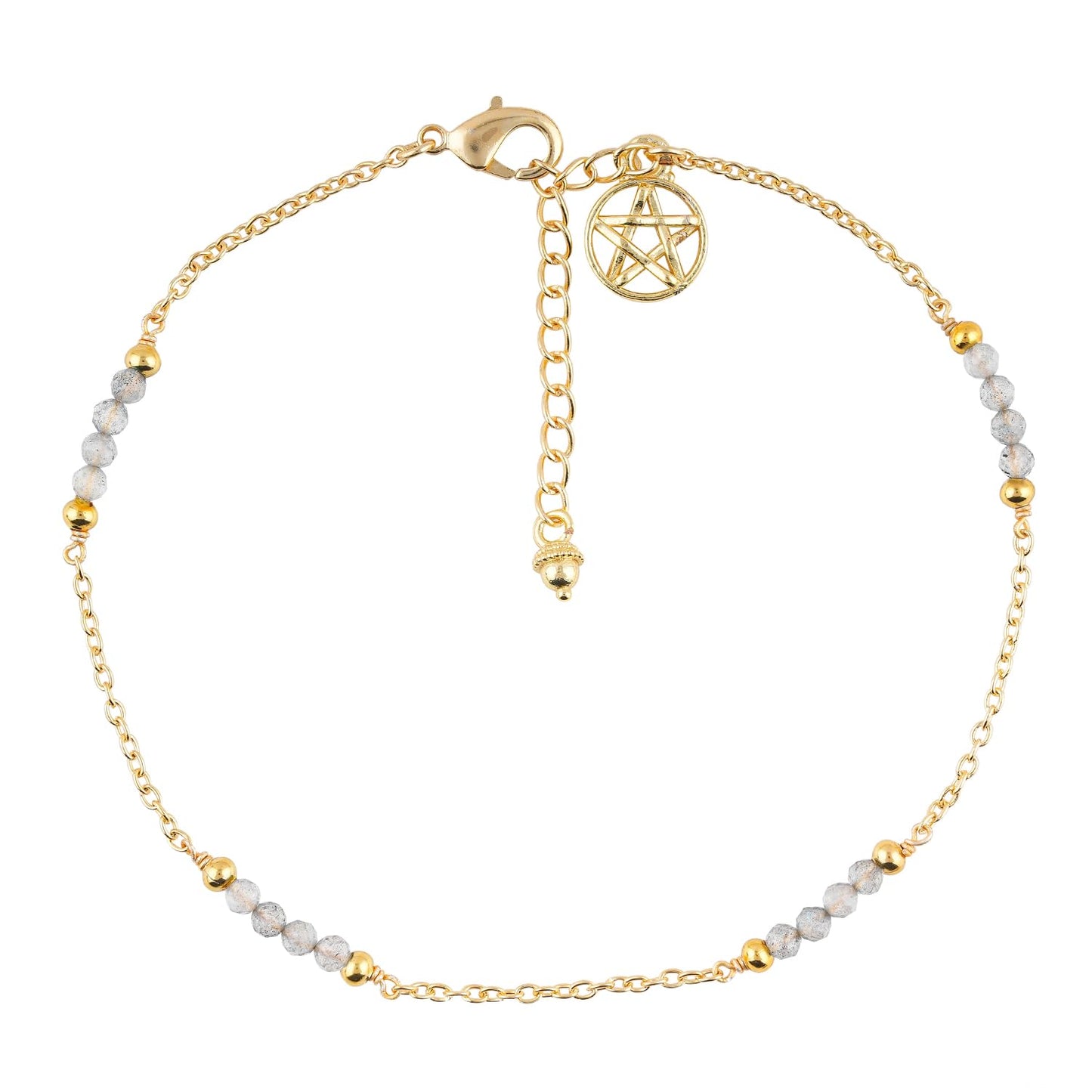 CRYSTALINES Natural Labradorite Gemstone Beads, Handmade Station Dangle Star Charms Anklet, 14K Gold Plated, Adjustable Fashion Boho Jewelry for Women, Healing Crystals, Christmas Gift