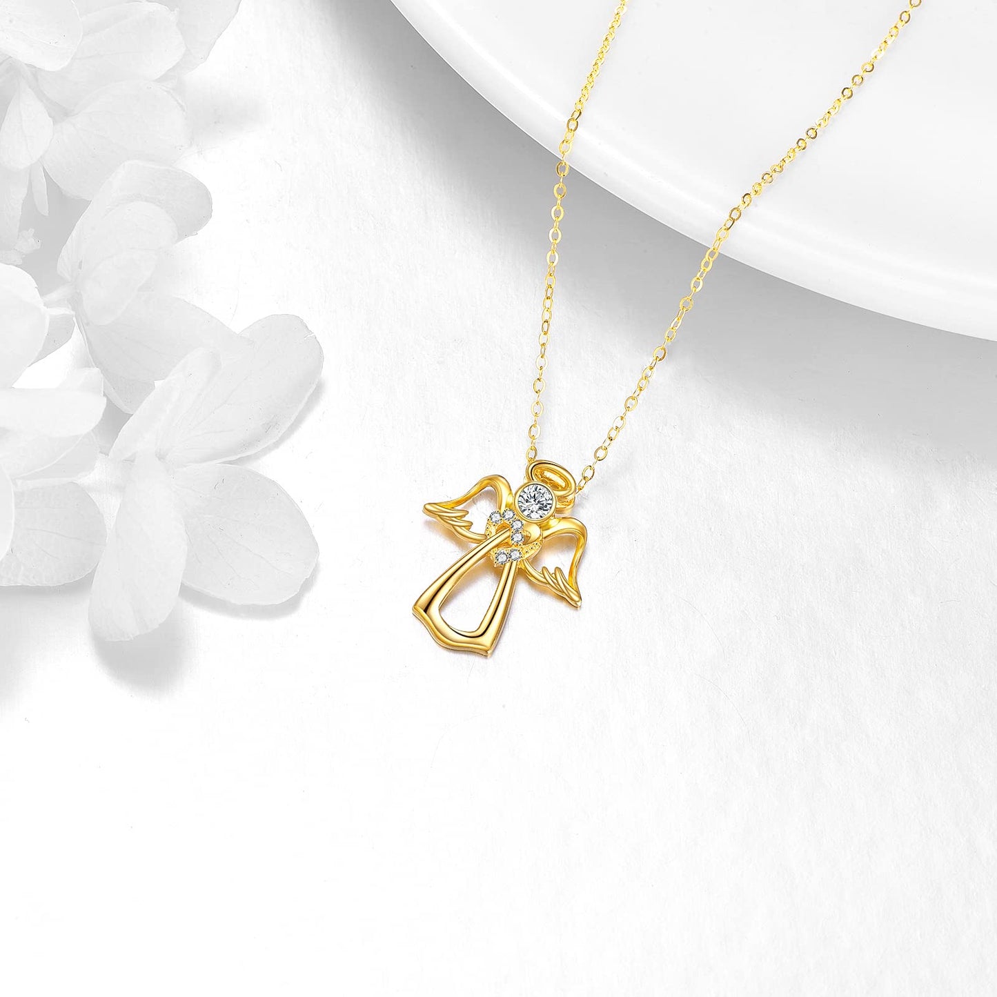 Yellow Gold Guardian Angel Necklace Heart Crystal Angel Wings Pendant Necklace Gift for Women Daughter Wife Girlfriend (Angel02)