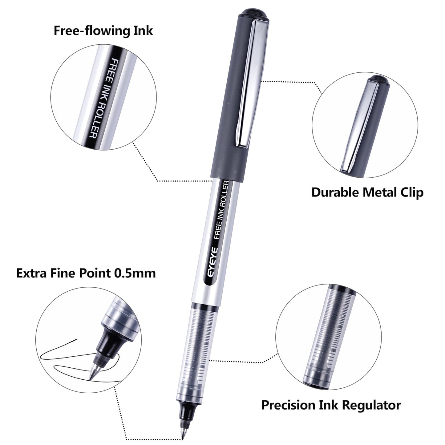 EYEYE Rollerball Pens 0.5mm Black 50 Pack, Extra Fine Point Quick Dry Liquid Ink Roller Ball Pens Fine Point Smooth Writing Pen for Journaling, Note Taking, Office, School Supplies
