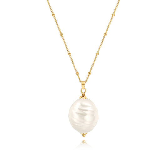 PEARLADA Large Baroque Pearl Pendant Necklace, Dainty 18k Gold Plated Long Necklace 23.6”-25.6”, Satellite Beaded Y Necklace for Women