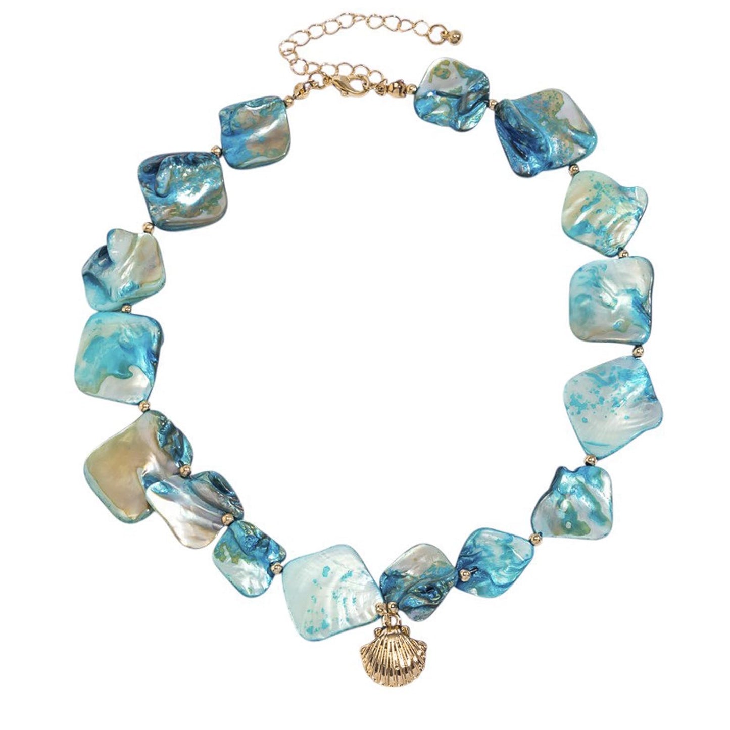 BYETOCE Metal Seashell Charm Necklace Blue Irregular Shell Pendant Necklace Boho Starfish Ocean Beaded Choker Summer Beach Fashion Statement Jewelry for Women Outfits Accessories