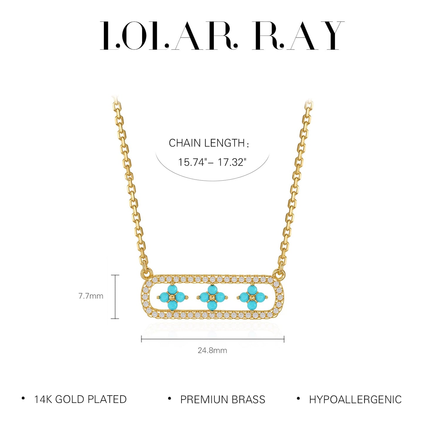 LOLAR RAY Triple Clover Bar Necklace 14K Gold Plated Turquoise & Diamond Accents Framed Pendant Adjustable Chain Chic Gift for Women