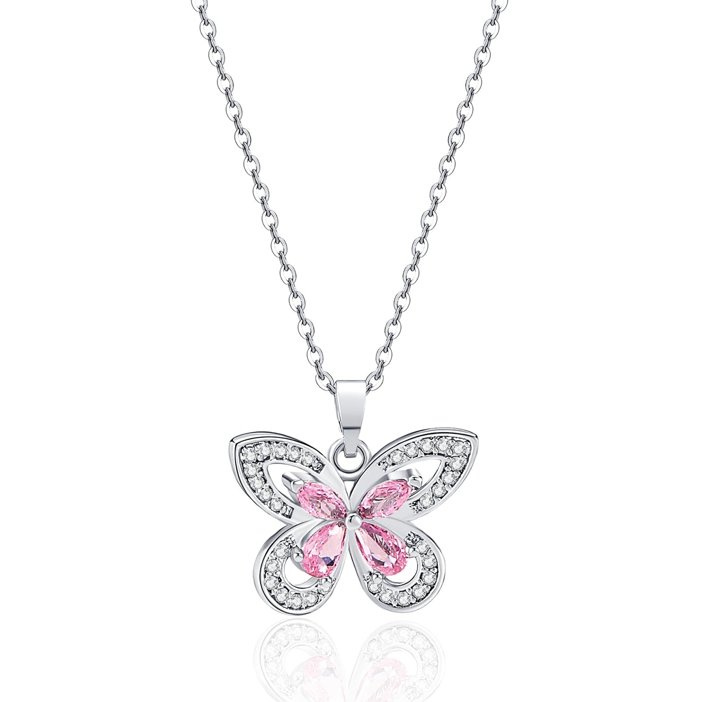 crataly Rose Quartz Butterfly Necklace For Women-Silver Plated October Birthstone Necklace For Valentine's Day Mother's Day Christams Birthday Gifts