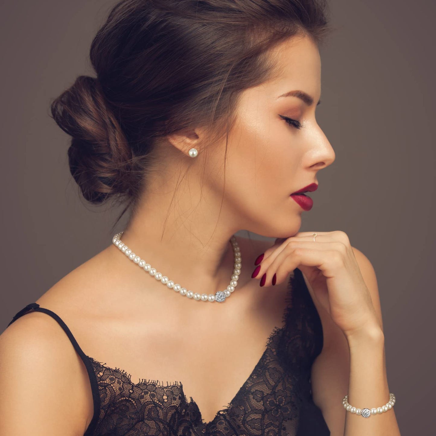Glenmal Pearl Rhinestone Jewelry Set for Women Pearl Necklace Bracelet Earrings for Wedding Birthday Bridal Shower Tea Party(5 Pcs,Elegant Style)