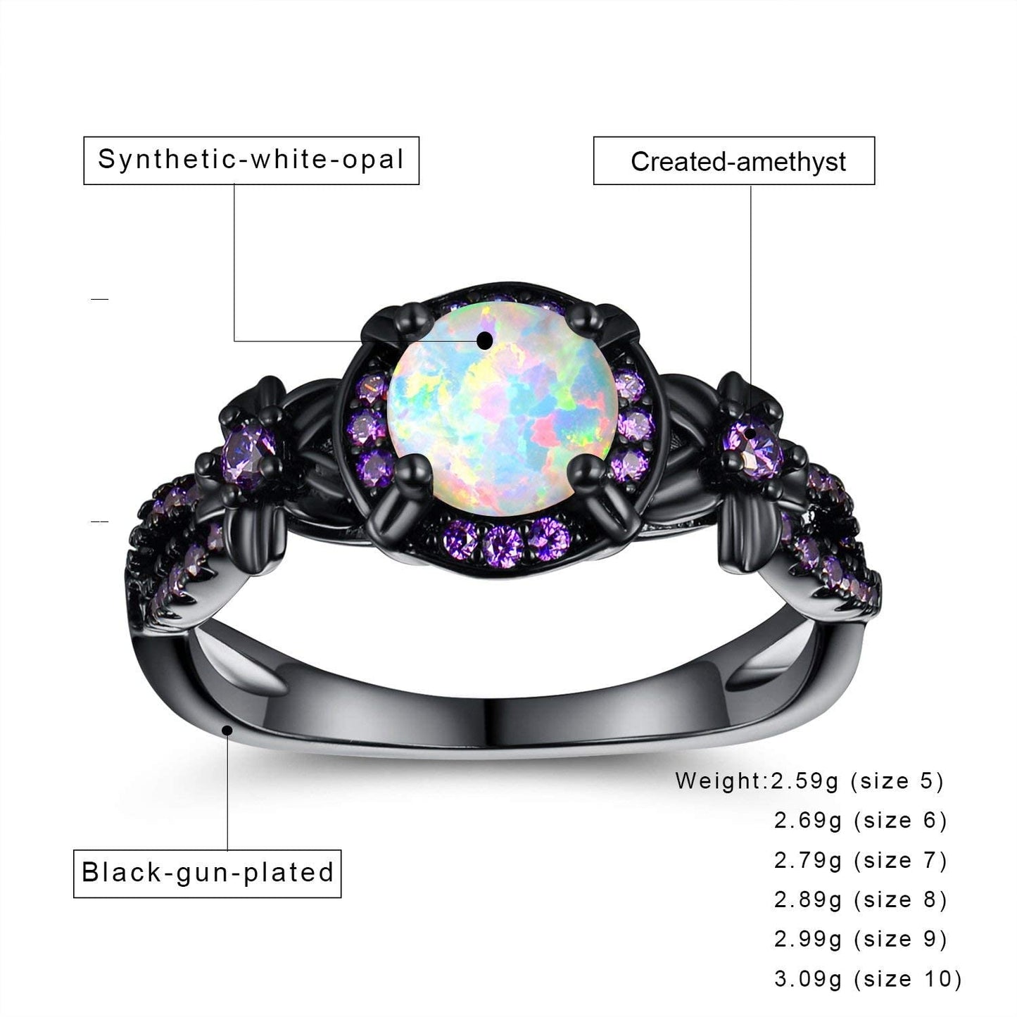 18K Black Gold Plated White Fire Opal Rings for Women October's Birthstone Gemstone Created Amethyst Eternity Wedding Engagement Promise Band (10)