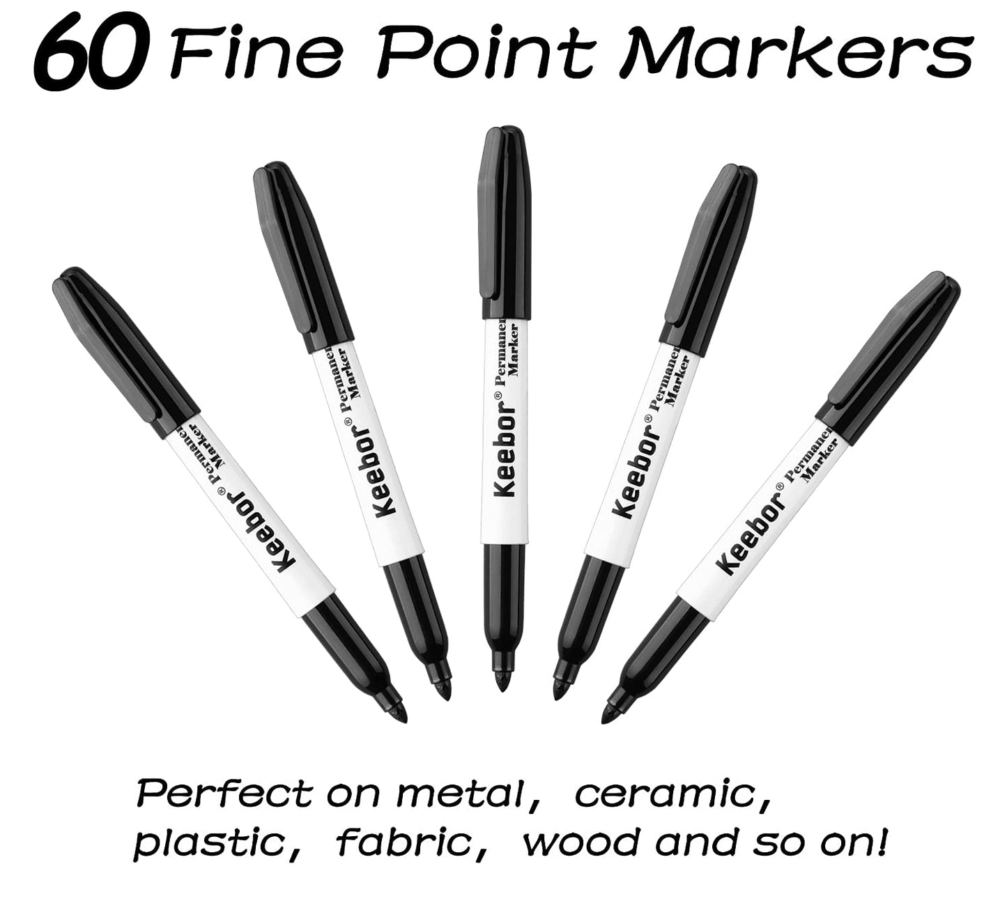 Keebor Permanent Markers Bulk, 60 Pack Black Permanent Markers, Quick Drying & Fade Resistant, Fine Point Marker Set for Wood, Plastic, Paper, Metal