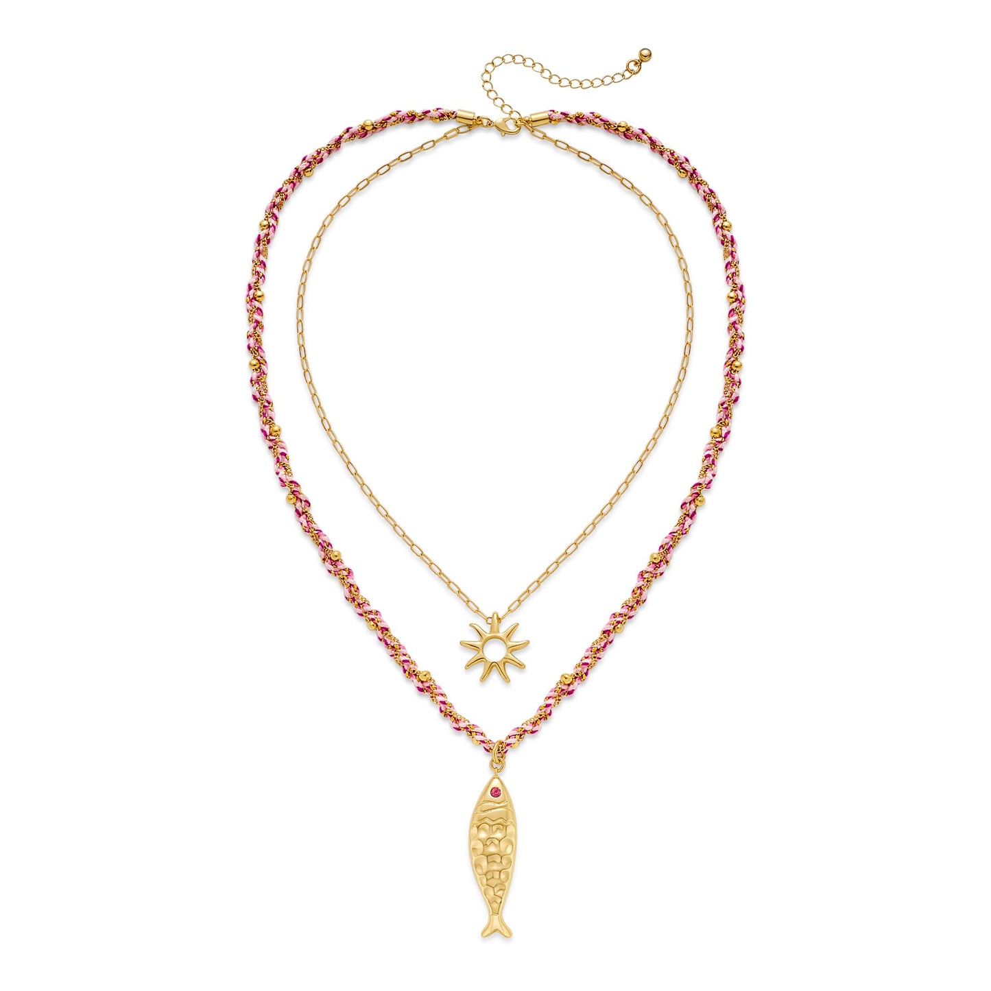 ENSKEFEN Double Layered Necklace for Women with Gold Sun and Fish Pendant Braid Cord Necklace Trendy Boho Ocean Fish Necklaces Adjustable Summer Beach Gold Necklaces Jewelry