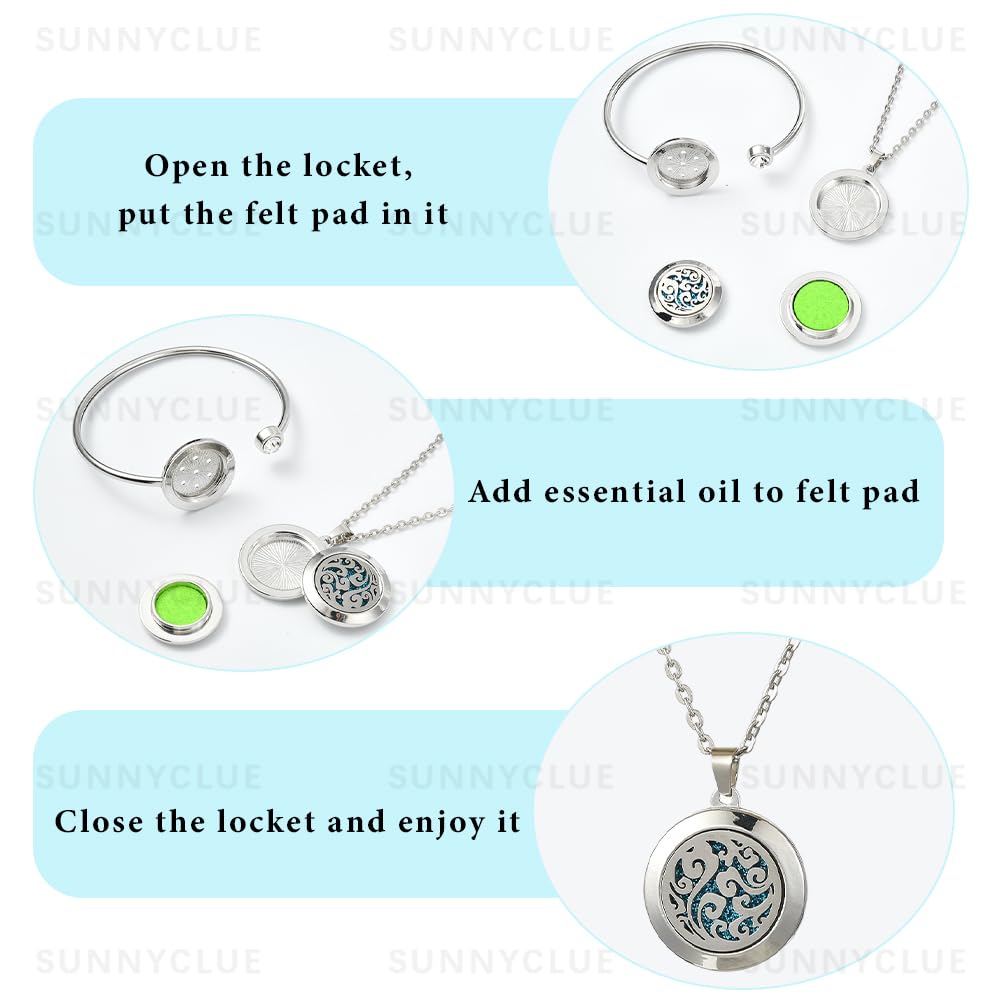 SUNNYCLUE 1Pc Essential Oil Necklace 1Pc Essential Oil Diffuser Bracelet with 10Pcs Refill Pads Cloud Stainless Steel Cuff Bangle Diffuser Locket Necklaces Aromatherapy Jewelry for Women Gifts