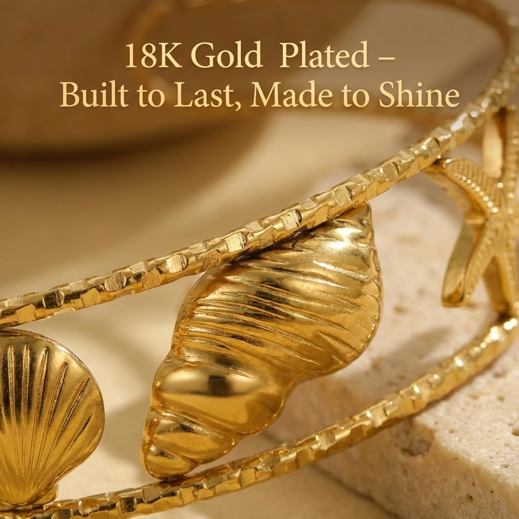 MystiGlimmer Starfish Bracelet with Luxury Gift Box 18K Gold Plated Stainless Steel, Adjustable Open Cuff, Waterproof & Hypoallergenic Jewelry Gift for Women (Seashell-Starfish1)