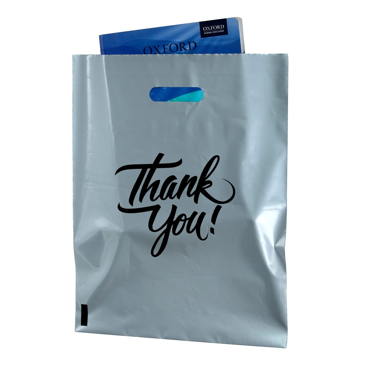 Infinite Pack Silver 16"x18"(500pcs) Thank You plastic Merchandise Bags Die-Cut Handles, Perfect for Retail Shopping, Boutiques, Goodie bags, and Gift Packaging & Favors, 1.75MIL Reusable Plastic Bag