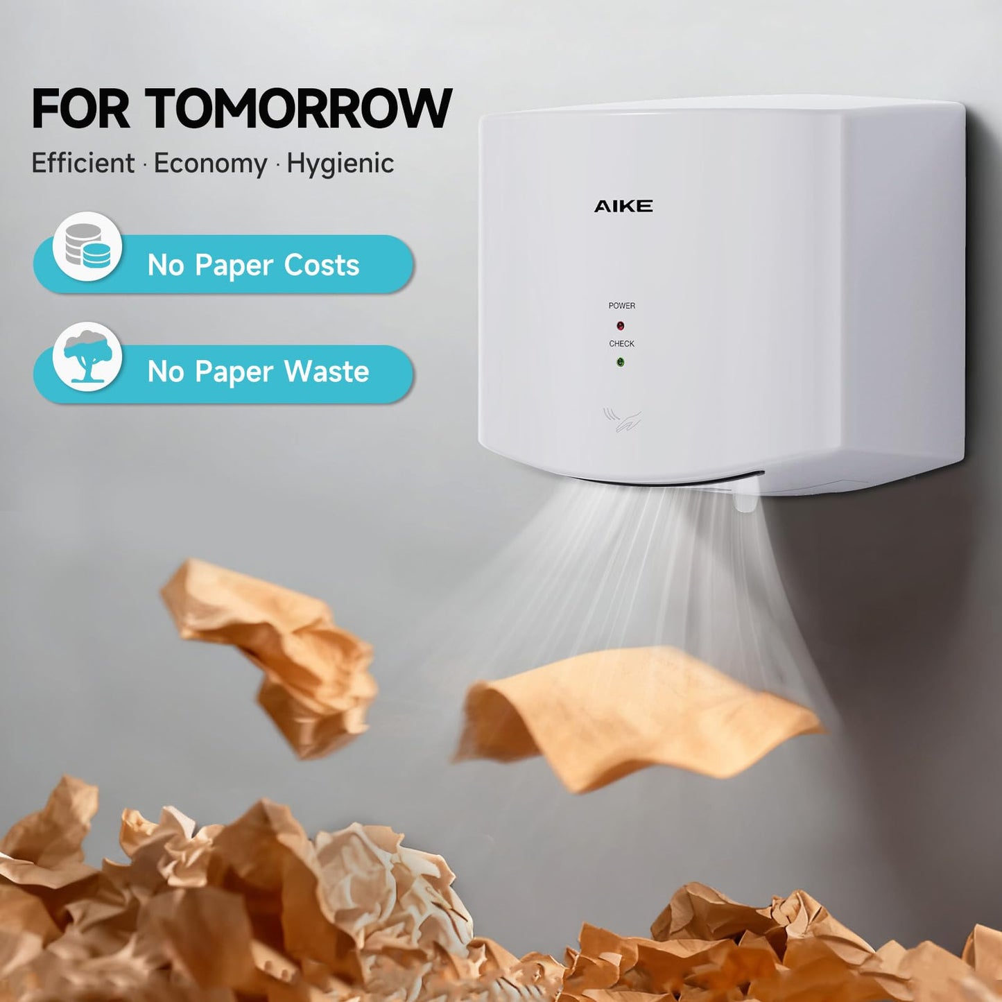 AIKE Air Wiper Compact Hand Dryer 110V 1400W White (with 2 Pin Plug) Model AK2630S