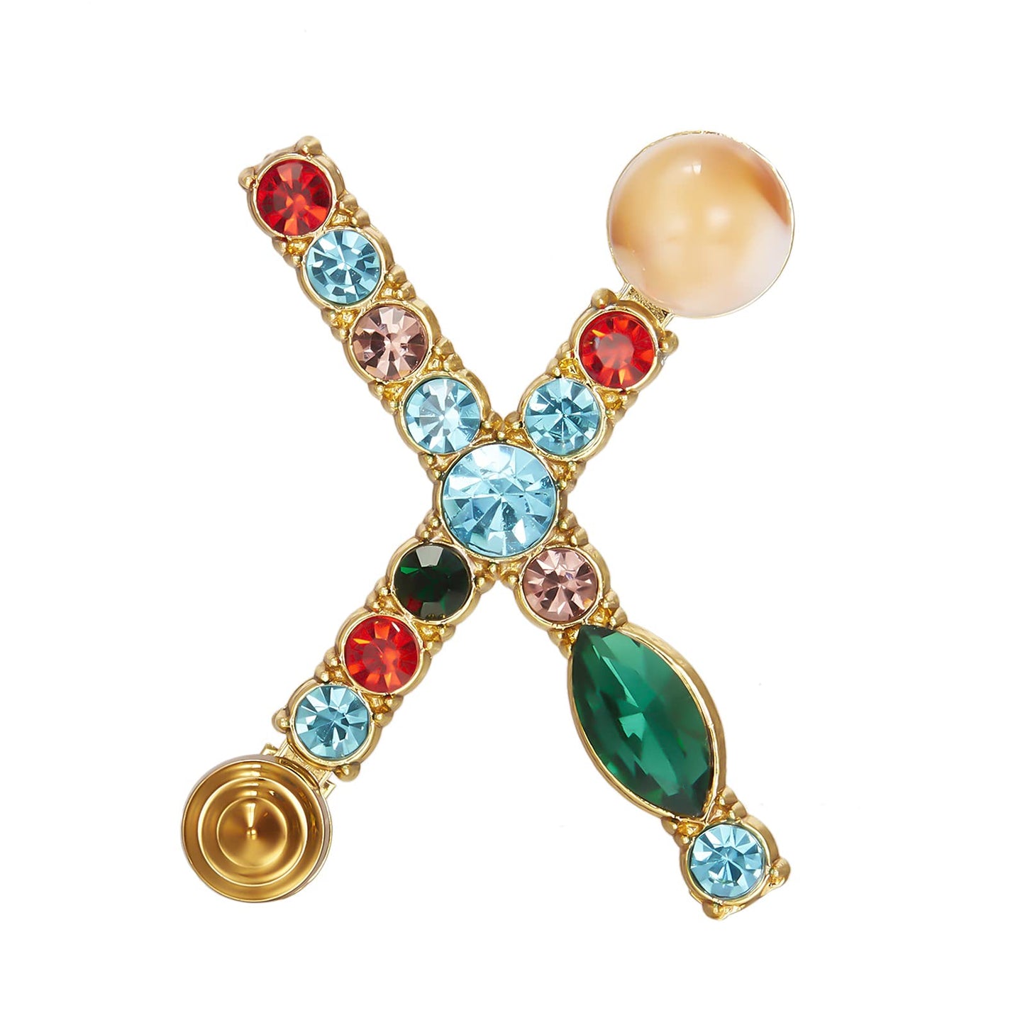 RINHOO Crystal Pearl Initial Brooch Gold Plated Enamel Colorful Letter Alphabet Breastpin Pin Jewelry for GIFTS (Gold X)