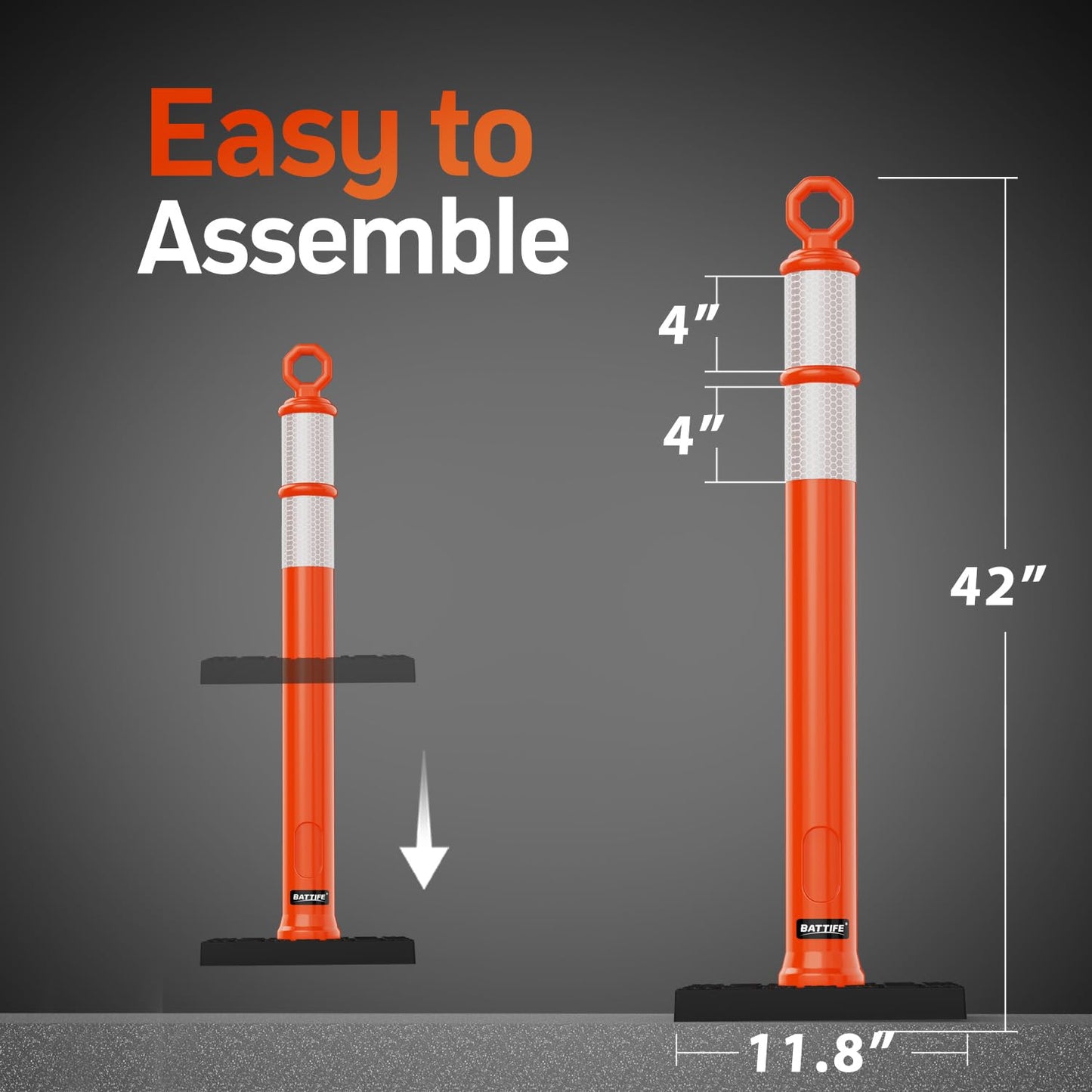 BATTIFE 3 Pack 42 Inch Orange Traffic Delineator Posts with Reflective Collars and Base, Safety Cones for Construction Zones and Driving Practice