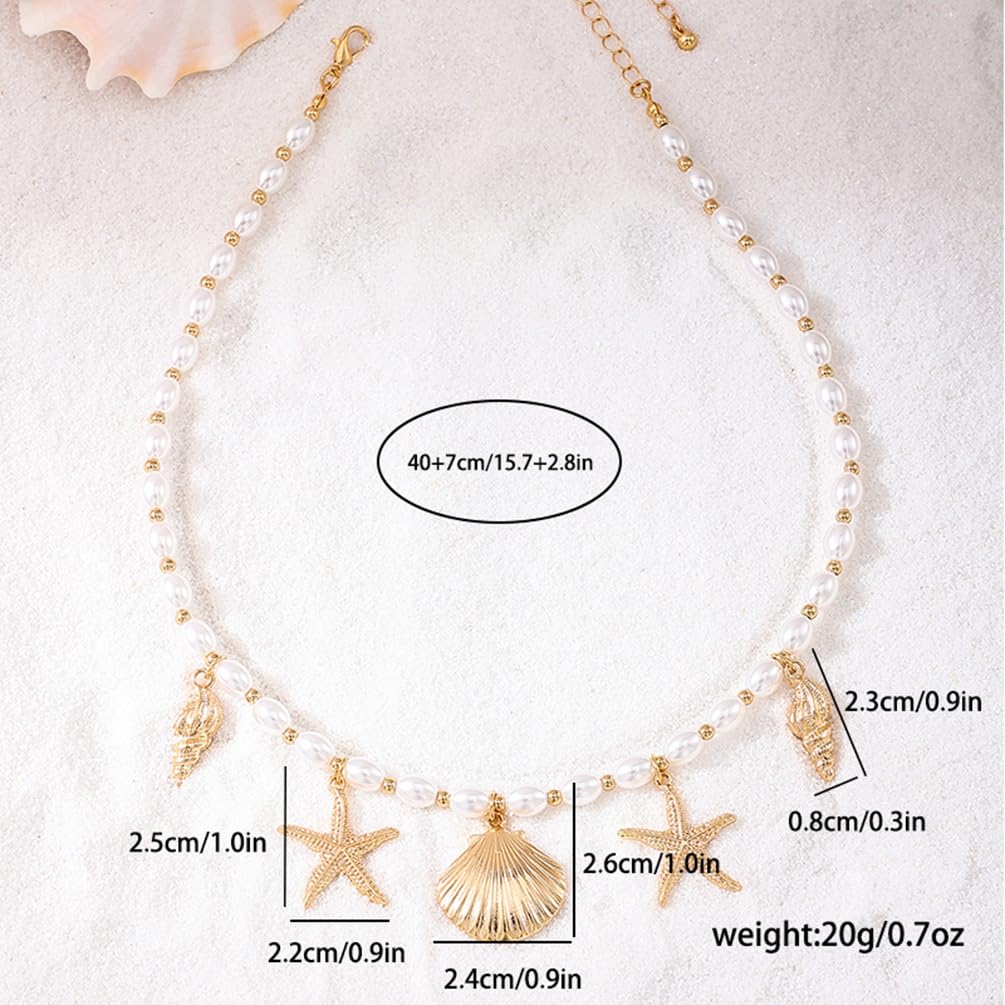 Dainty Gold Starfish Conch Oval Pearl SeaShell Necklace for Women Trendy, Statement Boho Shell Pearls Beaded Chain Necklaces Holiday Beach Party Jewelry (Gold)