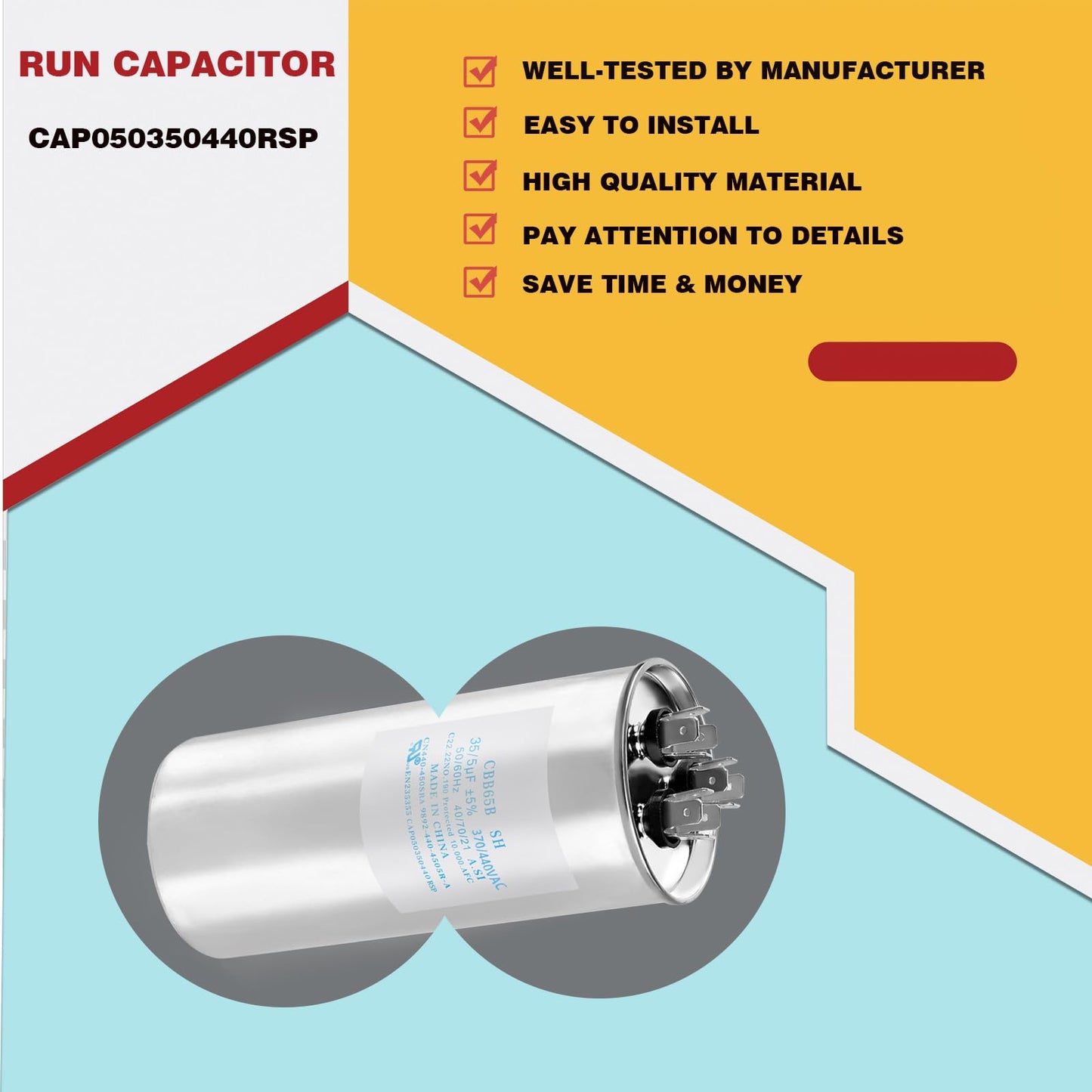 WSRXG CAP050350440rsp CAP050350440CS 35+5 µF/MFD 370/440V AC Round Dual Run Capacitor – Universal Replacement for HVAC A/C Compressor and Fan Motor