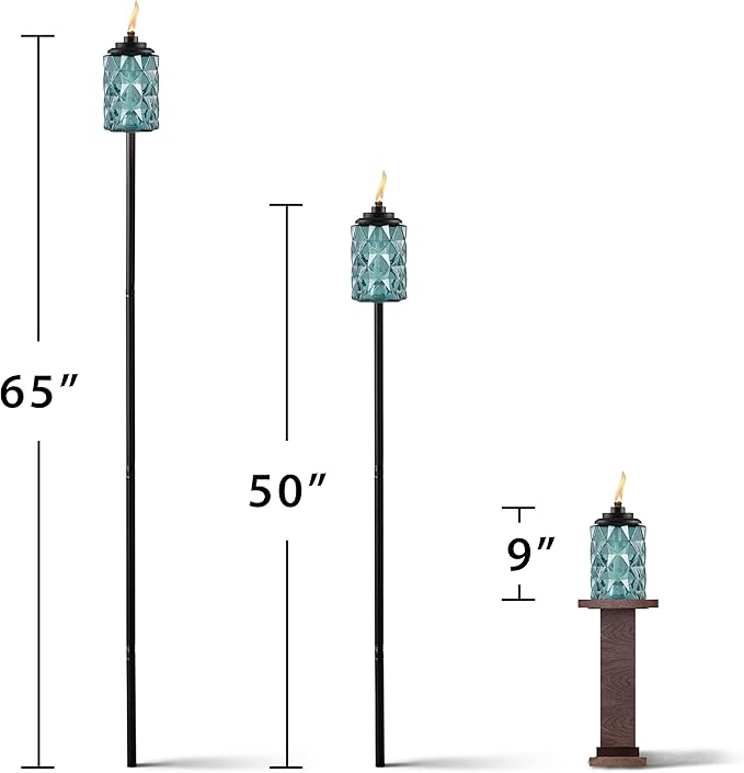 TIKI 2-Pack Topaz Blue Glass TIKI Torches – 65" Outdoor Decorative Torches for Patio, Backyard & Garden – Easy Install, Weather-Resistant with Long-Lasting Wick & Snuffer