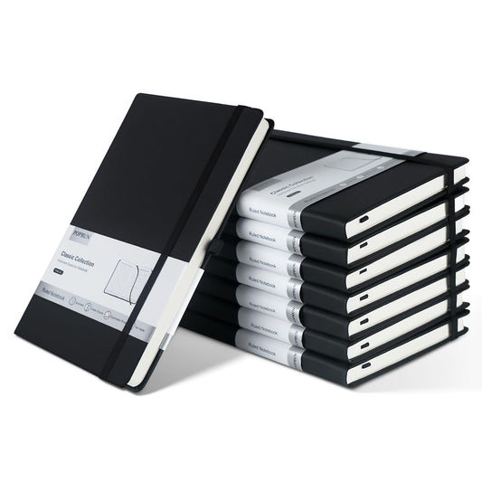 POPRUN 8 Pack Black Lined Journal Notebooks, Waterproof PU Leather Hardcover, A5 Classic College Ruled Journals for Writing, Business Work, School Note Taking, 5.5 x 8.3 inch, 240 Pages Notepad