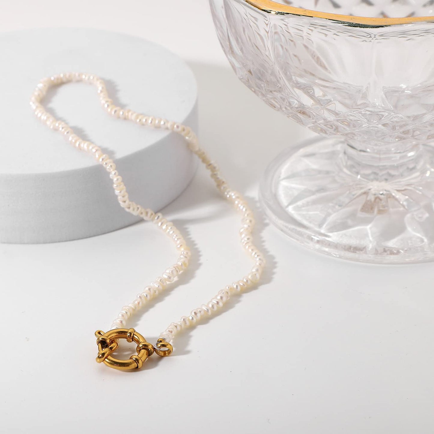 14K Gold Pearl Clavicle Necklace, OT Buckle Freshwater Pearl Beaded Necklace, Beautiful Women's Day, Birthday Gift for Wife,Girlfriend (style one, 14K)