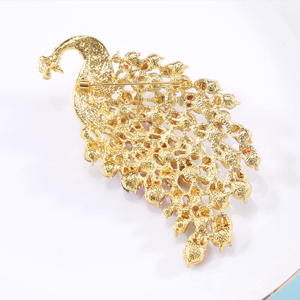 Rhinestone Peacock Brooch Pin for Women Girls Fashion Exquisite Exaggerated Big Crystal Bird Animal Brooches Lapel Pins Elegant Dress Accessories Wedding Christmas Birthday Jewelry Gift (Gold-Tone)