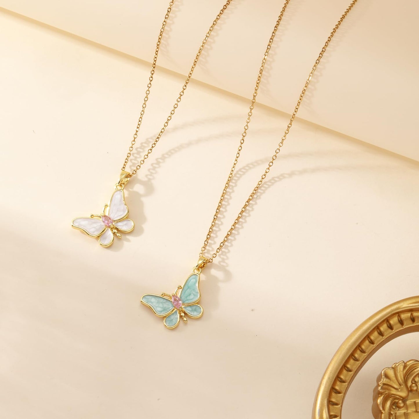 AUMRET White Enamel Lepidolite Butterfly Necklace For Women-Gold Plated Rose Quartz October Birthstone Necklace For Birthday Valentine's Day Mother's Day Christams Gifts