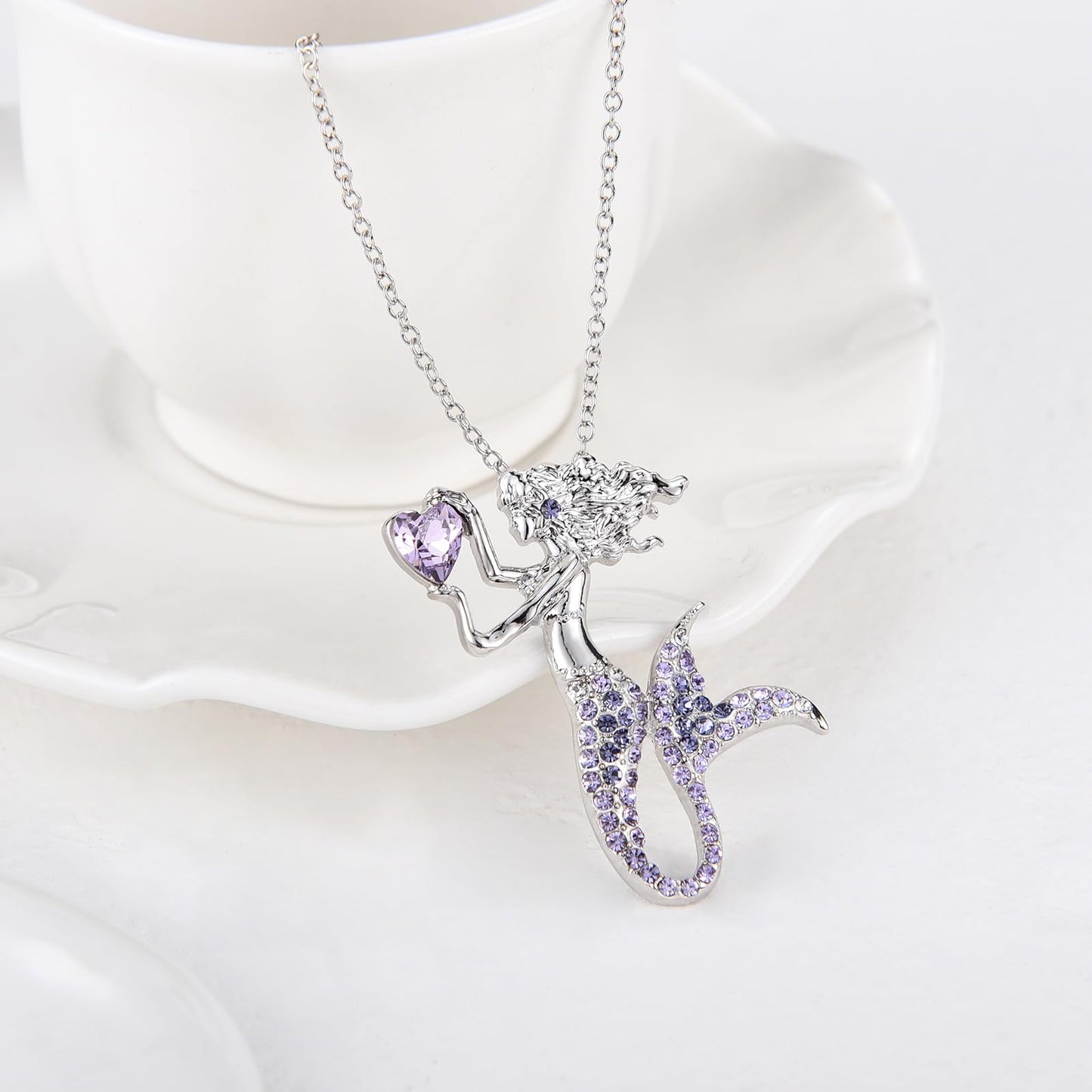 luomart Fashion Mermaid Birthstone Necklace Jewelry White Gold Plated Austrian Crystal Magic Pendant Gift (Amethyst)